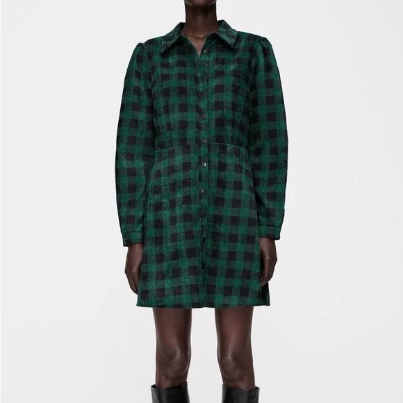 Zara Dresses & Skirts - Zara Corduroy Green and Black Plaid Shirt Dress